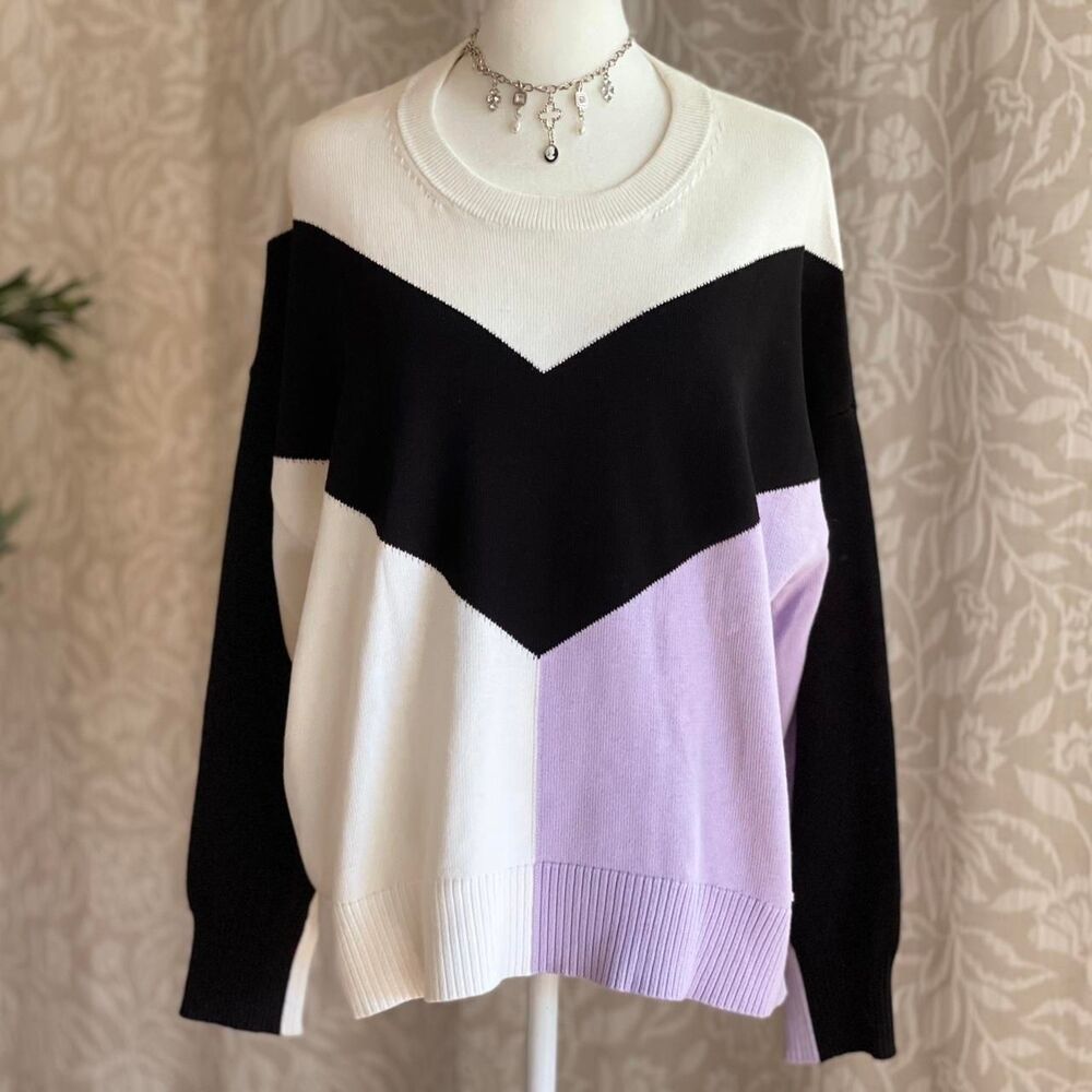 Tommy Hilfiger Colorblock‎ Chevron Sweater Oversized Knit Lilac White Black Sz M